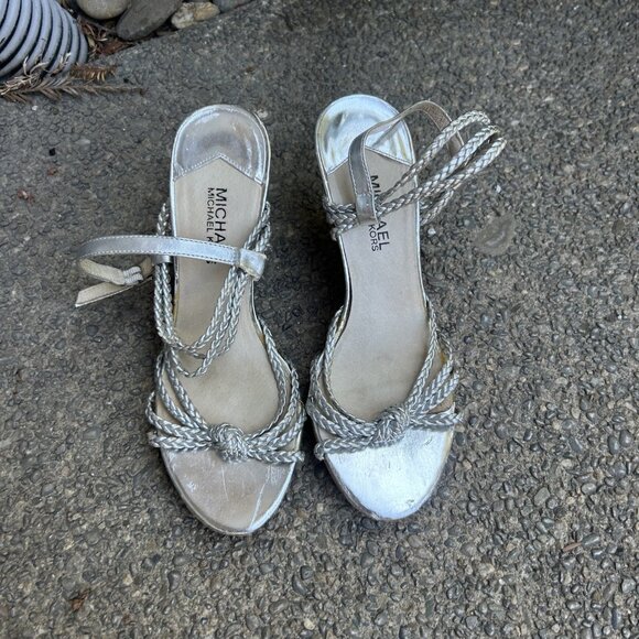 MICHAEL Michael Kors Palm Beach Silver Braided Platform Wedge Sandals Size 7 - Picture 7 of 13